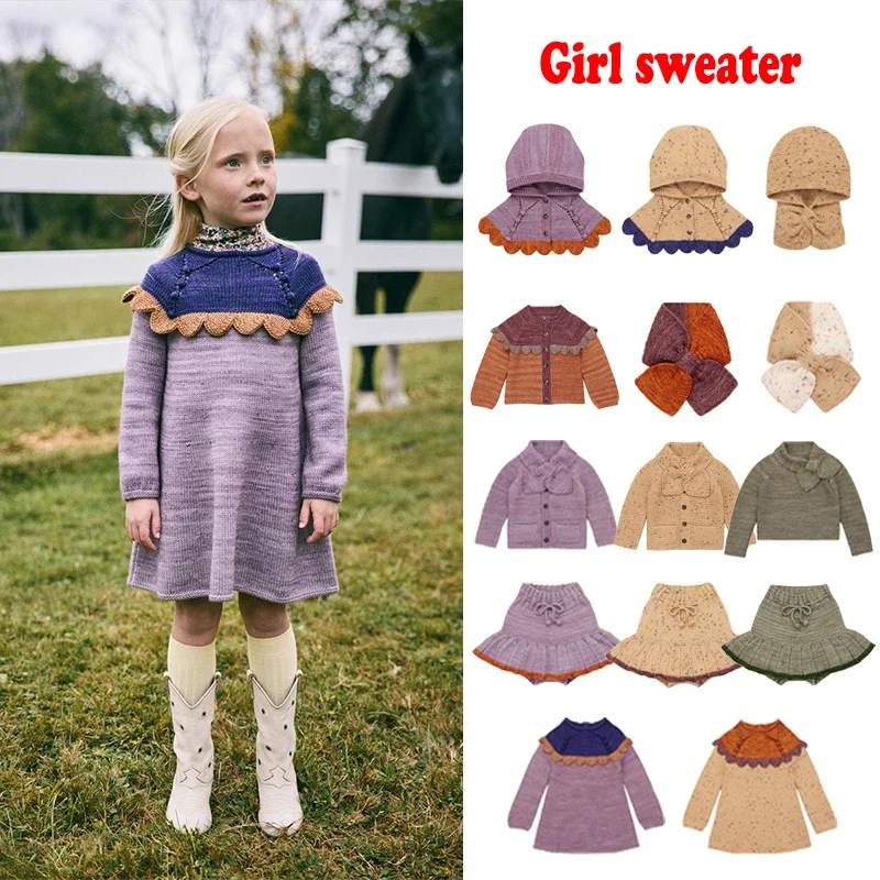 Children's Sweater 2024 Winter MP Girls Heavy Industry Color Stitching Knitted Cardigan Kids Dress Set Girls Sweater Skirt