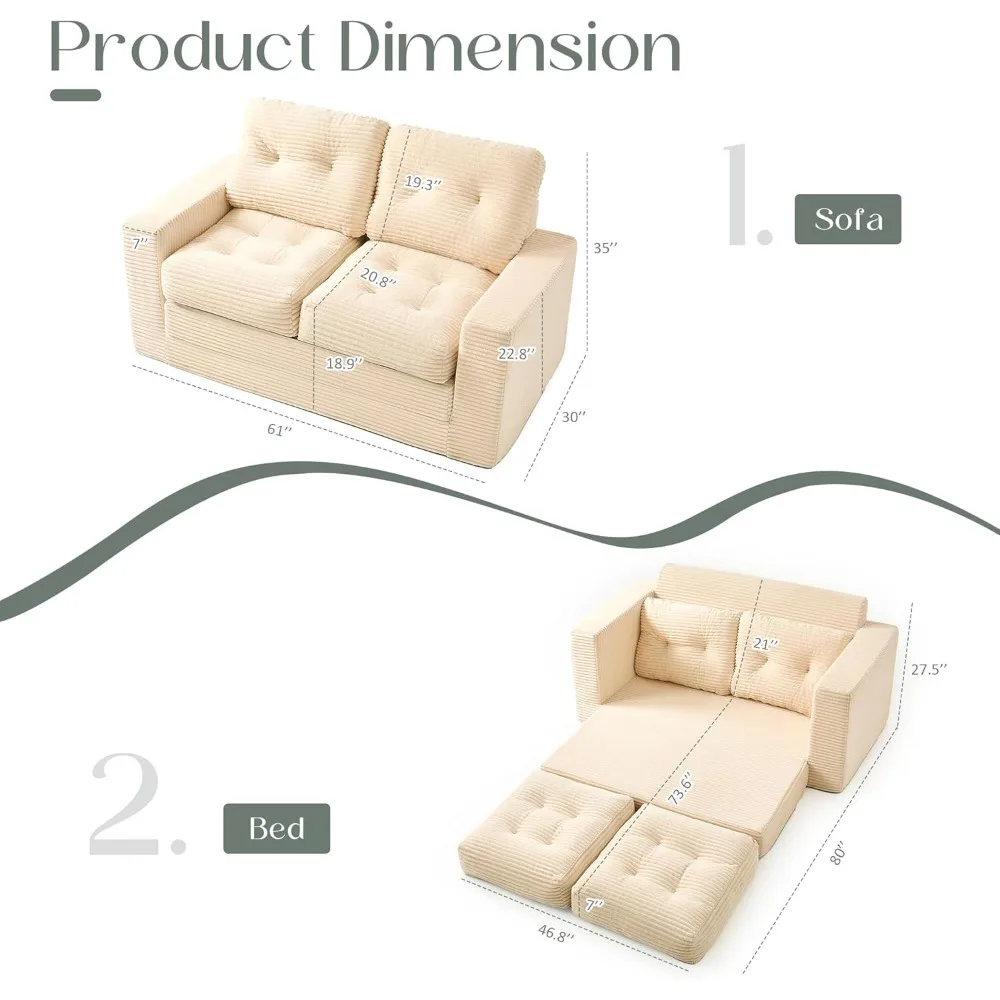 أريكة سرير قابلة للتحويل مقاس 61 بوصة، أريكة نوم قابلة للسحب، سرير فوتون 3 في 1 قابل للطي، أريكة سرير قابلة للطي مع وسائد #2
