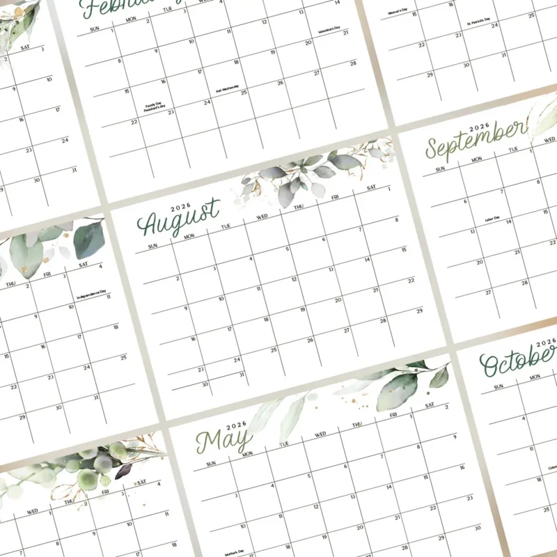 1Ben2026新鮮な緑の植物の文字壁掛けカレンダー、エレガントな葉のデザインのモダンなミニマリストプランナー、実用的なオフィス学習装飾