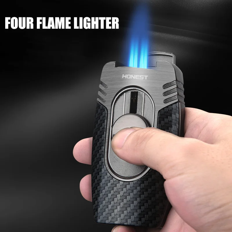 

HONEST Strong Four Blue Flame Lighter Pull-down Ignition Zinc Alloy Body Carbon Fiber Printed Ignition Tool