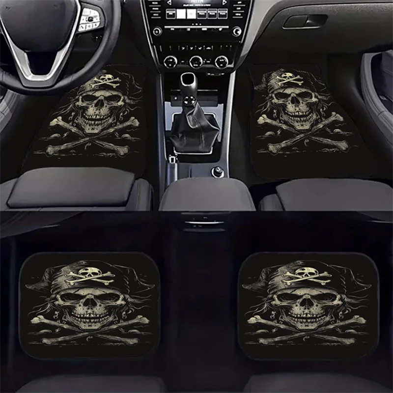 Four-Piece Cartoon Pirate Skull Printed Car Floor Mats | Polyester, Universal Fit, Interior Decorative Additions