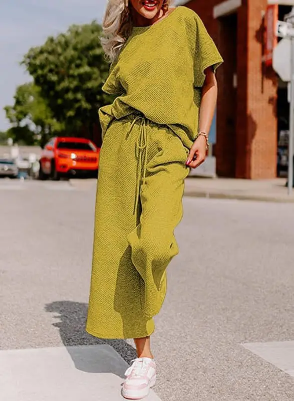 Summer Women's Suit Fashion Solid Color Two Piece Set Casual Loose V Neck Top And Loose Wide Legs Trousers Set 2025 Sportswear