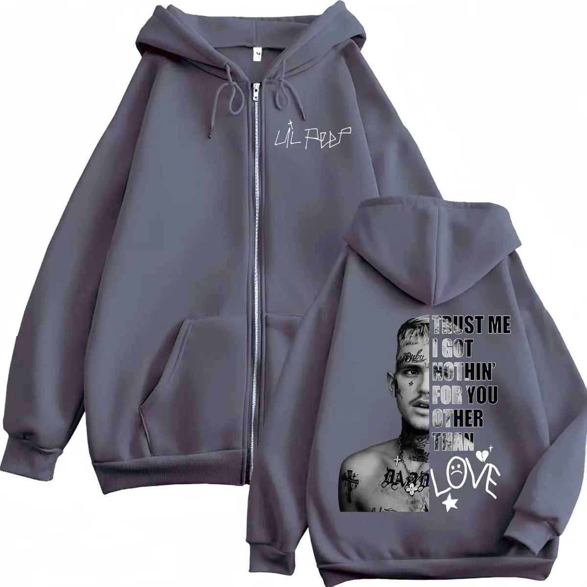 Rapper Lil Peep Grafik-Reißverschluss-Hoodies, modische Hip-Hop-Vintage-Jacke mit Reißverschluss, Pullover für Männer und Frauen, lässige, lockere Fleece-Sweatshirts – Detail 4