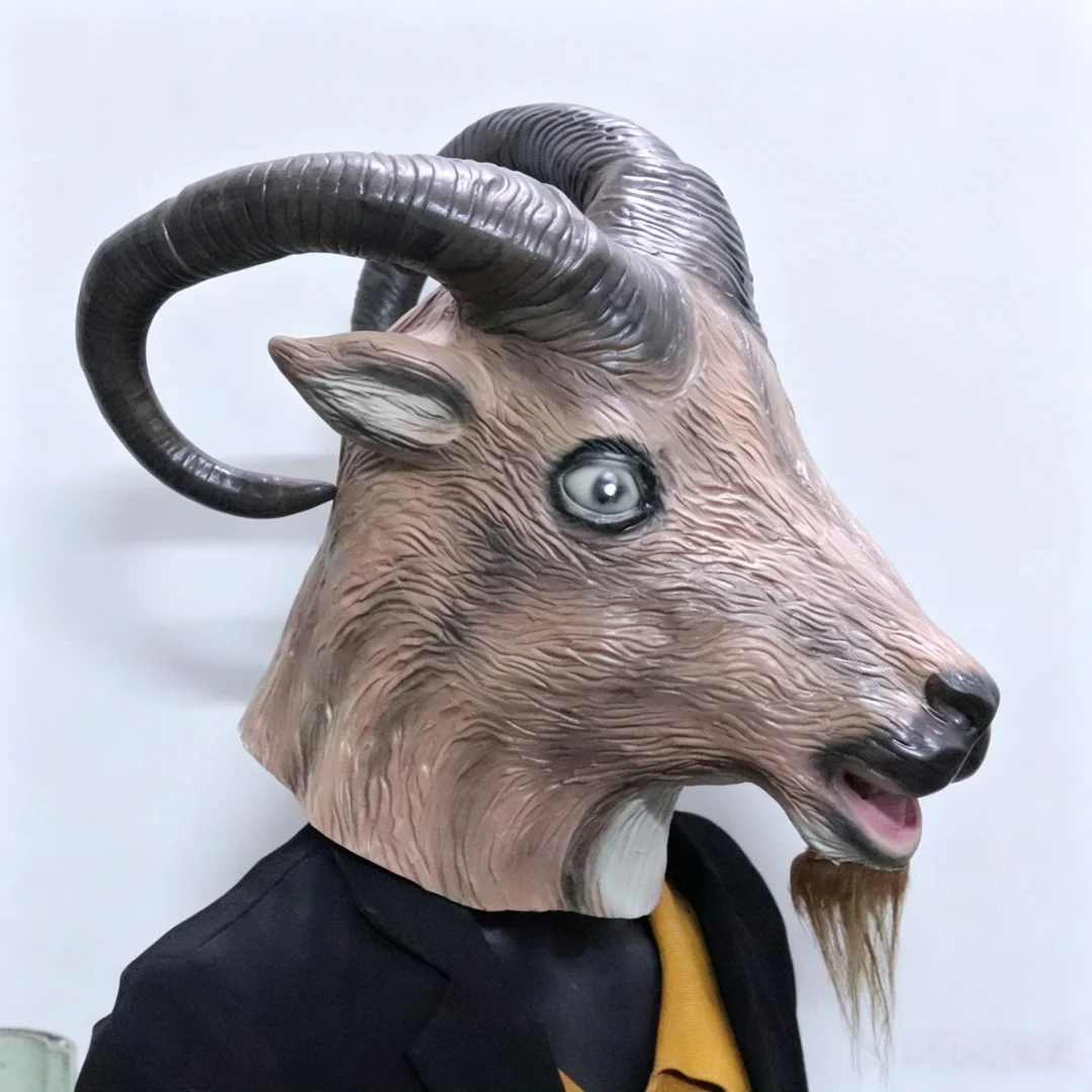 Realistic Goat Mask With Curved Horns Animal Sheep Headgear For Halloween Cosplay Theme Party Prank Dress up Costume Props