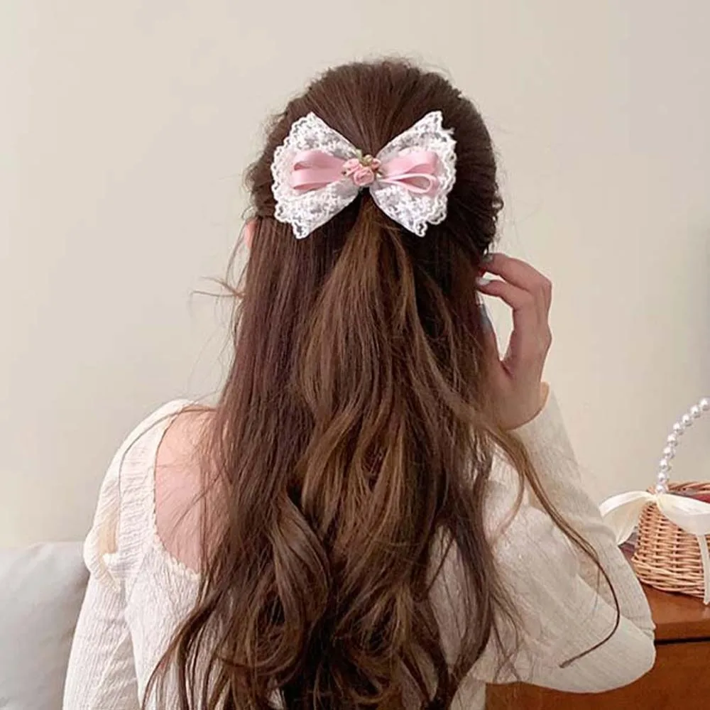 Women Hair Accessories Lace Bow Hair Clip Bow Ribbon Lace Rose Flower Bowknot Hairpins Barrette Headdress Bow Headwear Party