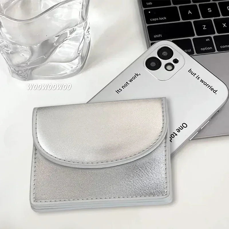 Ins Student Wallet Female Card Bag Korean Version Silver Simple Cover Type Coin Wallet Short Purses for Women Small Money Bag