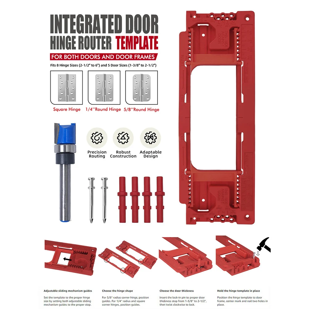 

Door Hinge Mortising Jig with Interchangeable Components for 14 Round and 58 Round or Square Corner Applications