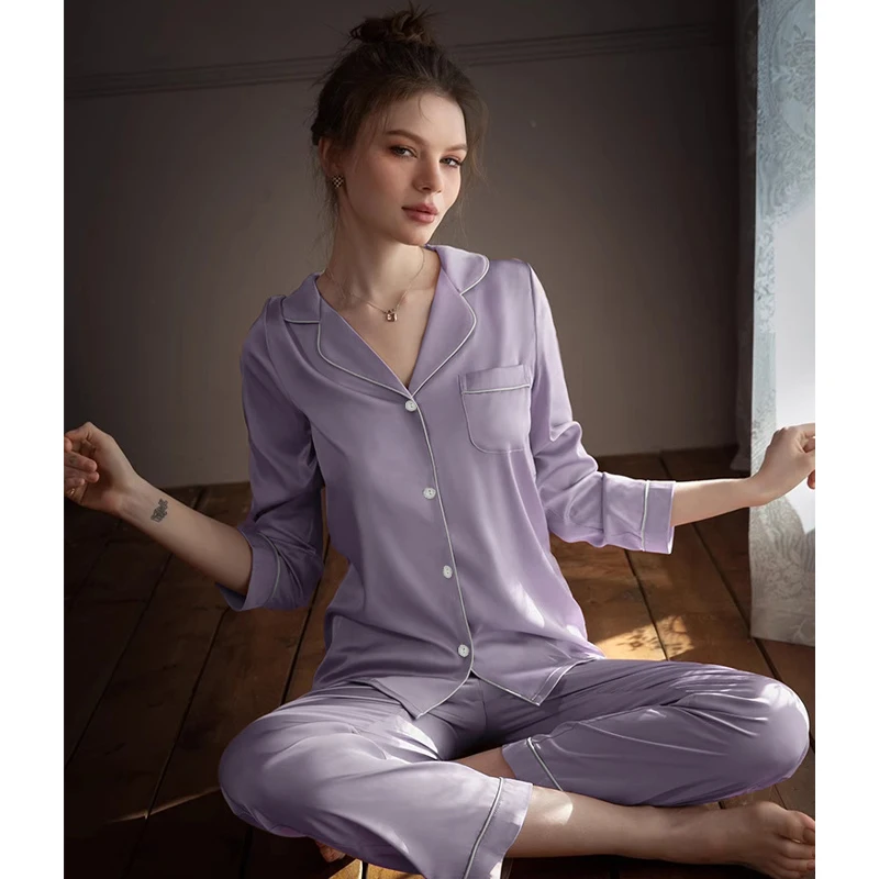 

Solid Casual Women Faux Satin 2 Pieces Pajama Set SleepWear Lounge Set Silk Soft Sleepwear Pyjamas Homesuit Pajamas Summer Women