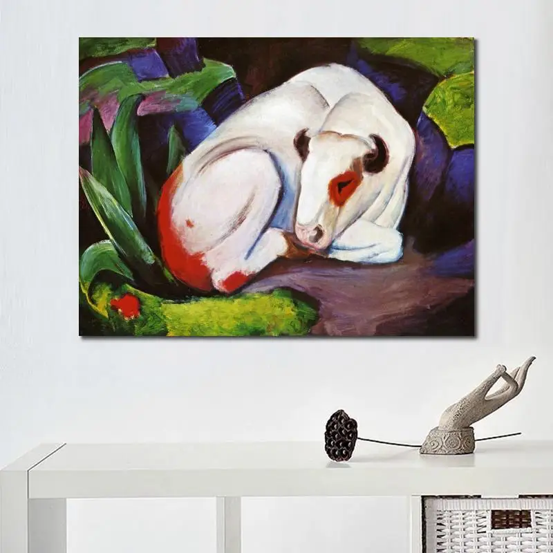 White Abstract Canvas Art the Steer the Bull Handmade Franz Marc Painting High Quality Modern Artwork for Office Wall Decor