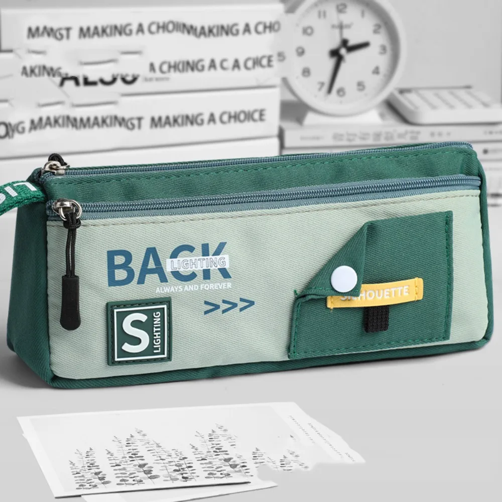 Canvas Storage Pencil Bag Organizer Color Blocked Double-Layer Pen Case Large Capacity Korean Style Cartoon Pencil Cases