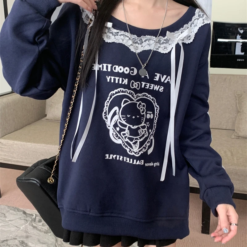 Outono inverno feminino moletom coreano chique casual todos os jogos solto retalhos pullovers senhora rendas dos desenhos animados carta listrado malha topos