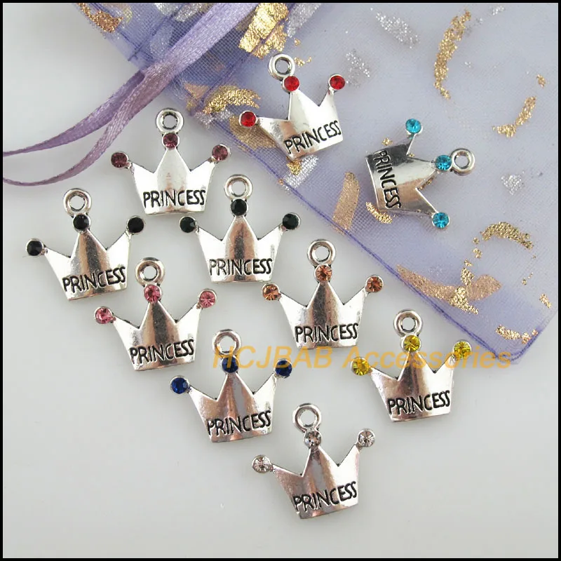 Fashion 20Pcs Tibetan Silver Plated Princess Crown Mixed Crystal Charms Pendants 17x19mm