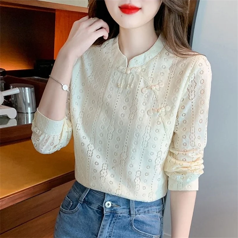 Women Spring Autumn Blouses Shirts Lady Casual Long Sleeve Stand Collar Solid Color Blusas Tops DF4758