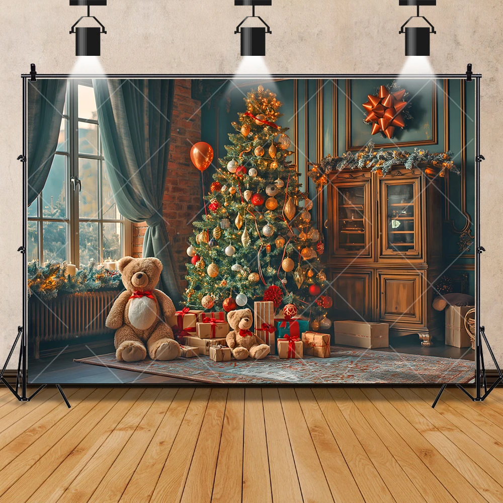 Christmas Photography Background Custom Xmas Trees Fireplace Teddy Bear Gifts Decor Backdrops Family Portrait Photo Studio Prop