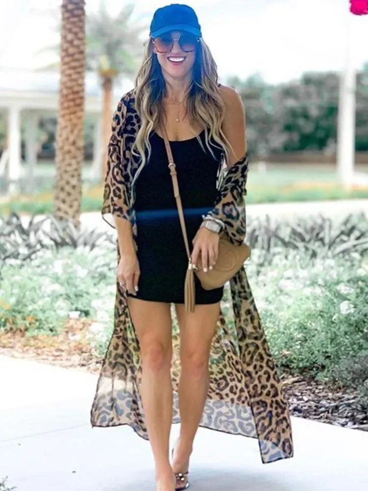 

2025 new Cheetah Print Bikini Cover Up Women Beach Cover-Ups See Through Long Sleeve Summer Fashion Female Holiday Beachwear