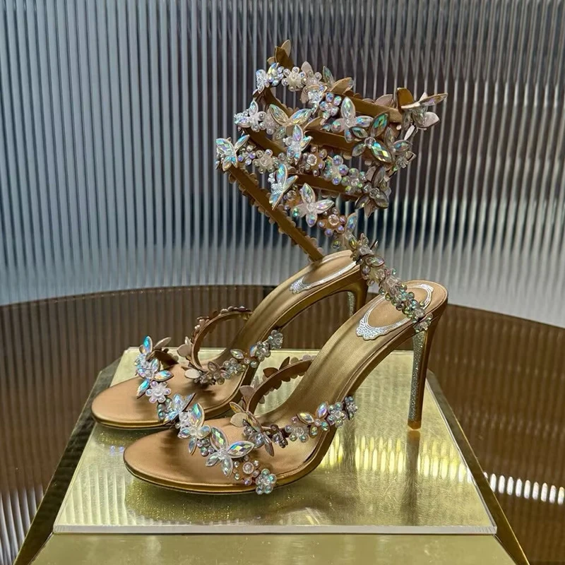 

Women Elastic Strap Gladiator Sandals Shiny Rhinestone Flower Decor Thin High Heels Sandalias Summer Bridesmaid Dress Shoes