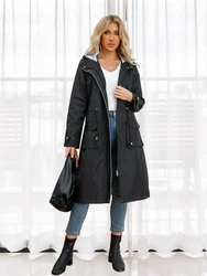 Waterproof Jacket Women Hooded Trench Fashion Outdoor Windbreaker Coat Loose Striped Lining Drawstring Long Blazer Autumn Winter