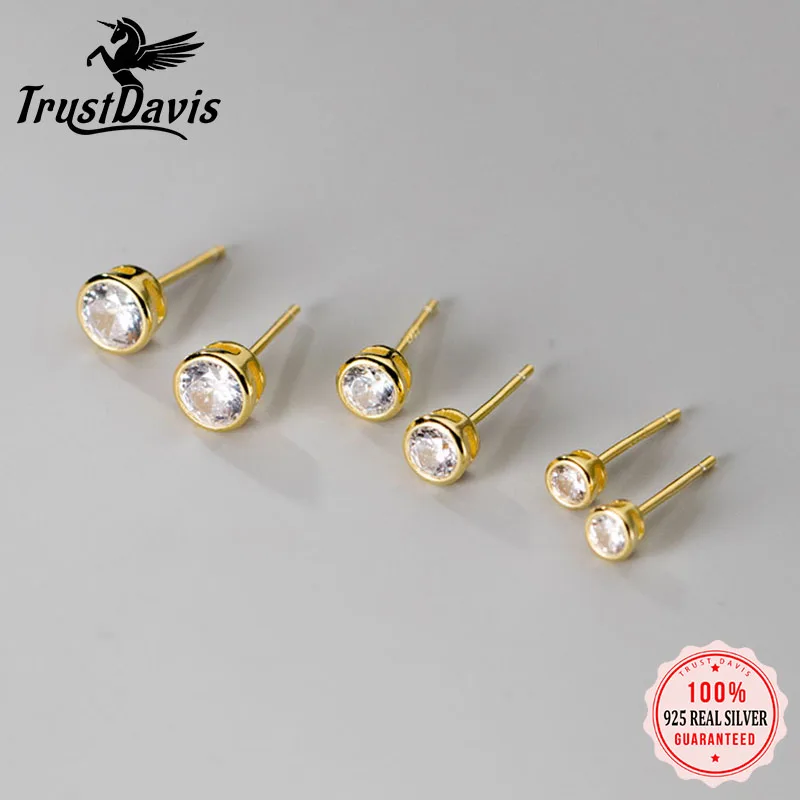 Trustdavis Real 925 Silver Fashion 4mm 5mm 6mm Round Dazzling CZ Stud Earring for Women Daily Wear Jewelry Gift DT55