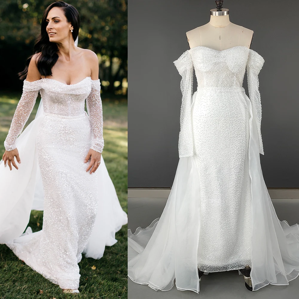 Shiny Pailletten Off Schulter Meerjungfrau Hochzeit Kleid Nach Maß Abnehmbaren Tüll Zug Langen Ärmeln Glitter Gugel Neck Brautkleid