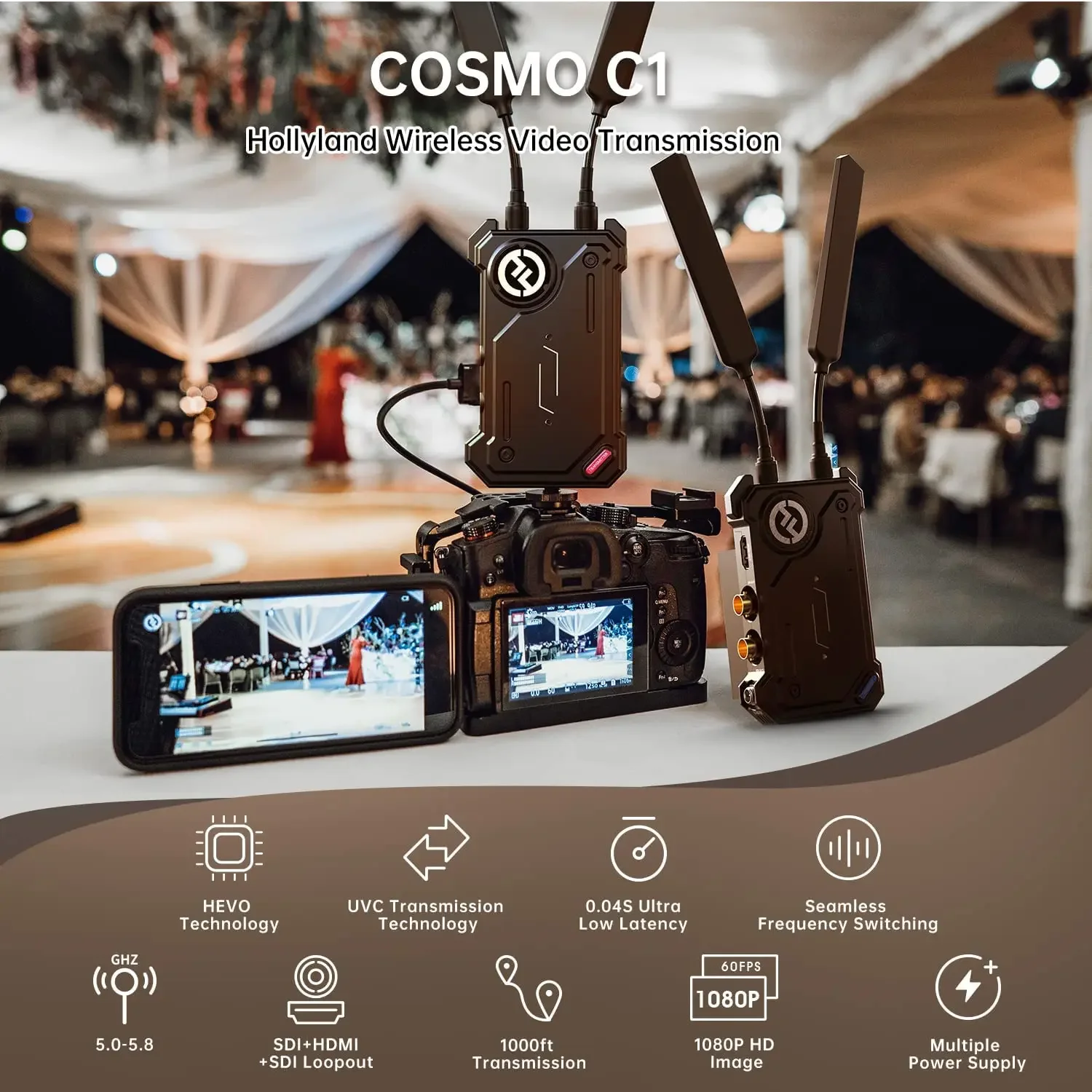 Cosmo C1 1000ft Wireless SDI Video Transmission System 40ms 1080P 12-20Mbps 5G Image&Audio Transmitter