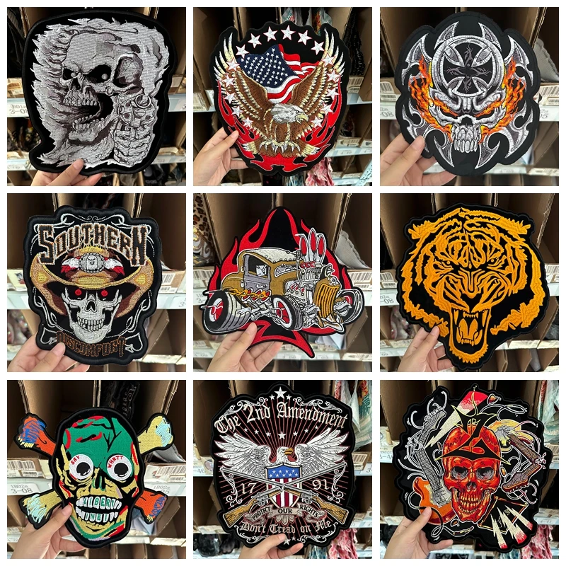 Punk Large Skull Patch Biker Iron On Patches For Clothing Stickers Motorcycle Skull Embroidery Patch Iron On Patches On Clothes
