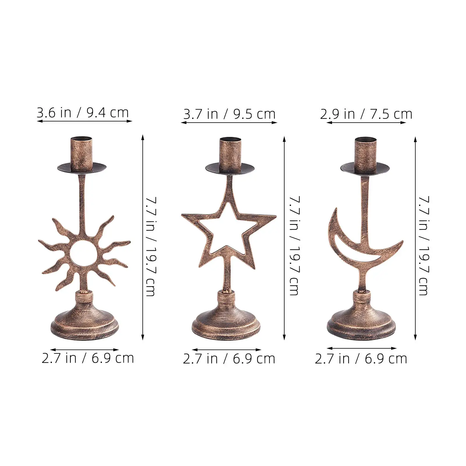 3Pcs Iron Taper Holder Set Vintage Artistic Sun Moon Star Motif Decorative Table Shelf Mantel Fireplace Rustic Decor view 6