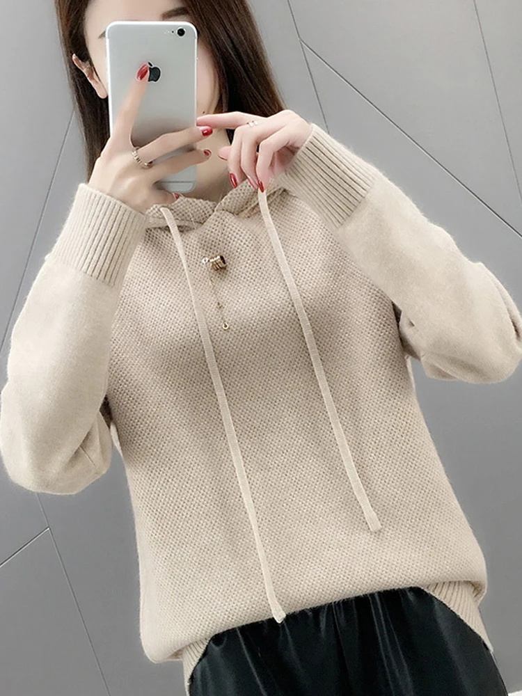 Hooded Sweater Women Autumn Sweater Sueter Mujer Invierno 2023 New Loose All Match Solid Tops Bottoming Knitwear Pull Femme