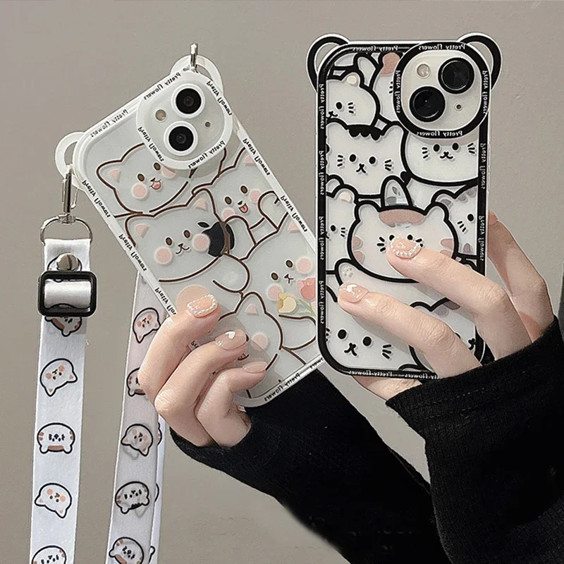 Cute Bear With Lanyard Phone Case For iPhone 15 14 13 11 12 Pro Max XS X XR Plus Cartoon Cat Soft TPU Cover Bumper