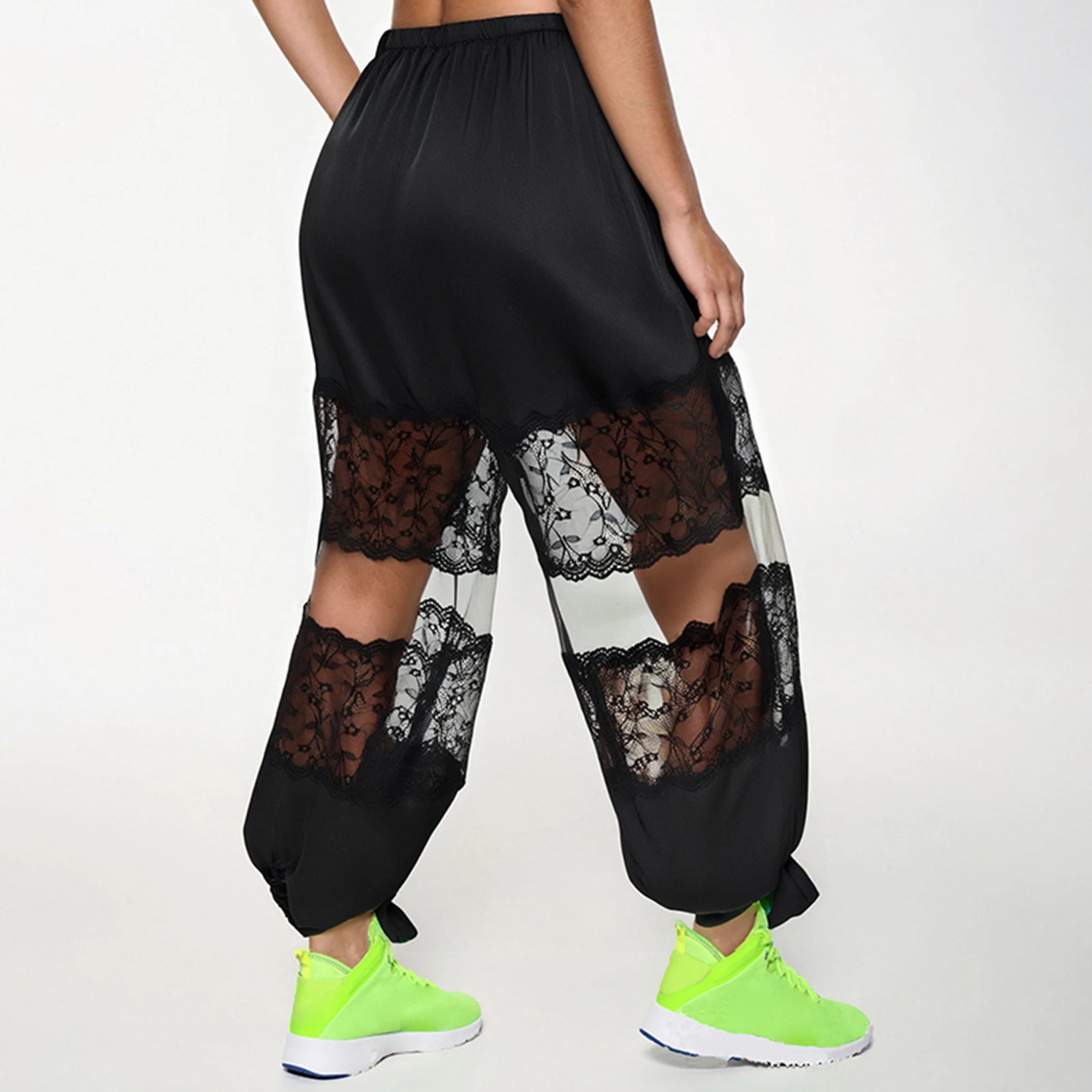 

Женские черные повседневные брюки Dourbesty с карманами, прозрачные кружевные лоскутные брюки-фонарики с эластичной резинкой на талии