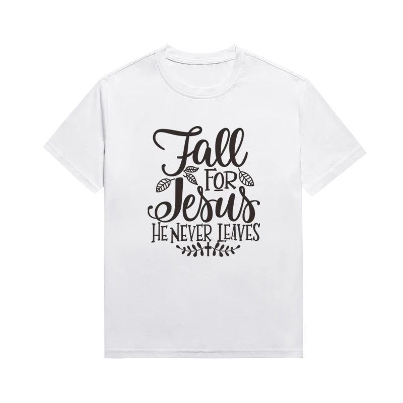 Faee For Jesus He Never Leaves Slogan Women's Top Christian Cross Graphic Tees Short Sleeve Custom T Shirt