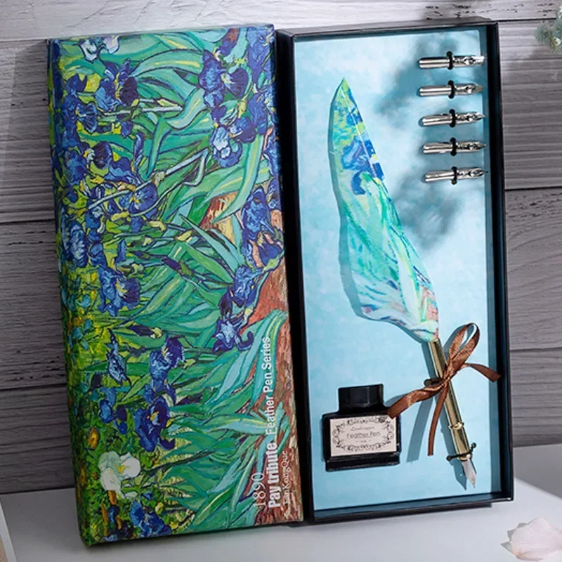 Blue Peacock Feather Oil Painting Style Birthday Creative Gift Dipping Pen Set English Calligraphy Retro Box