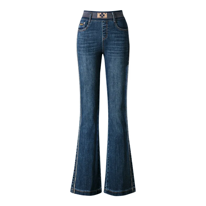 Pantalones acampanados de mezclilla azul para mujer, pantalones de pierna ancha, cintura elástica, alto elástico, largo, pantalones vaqueros
