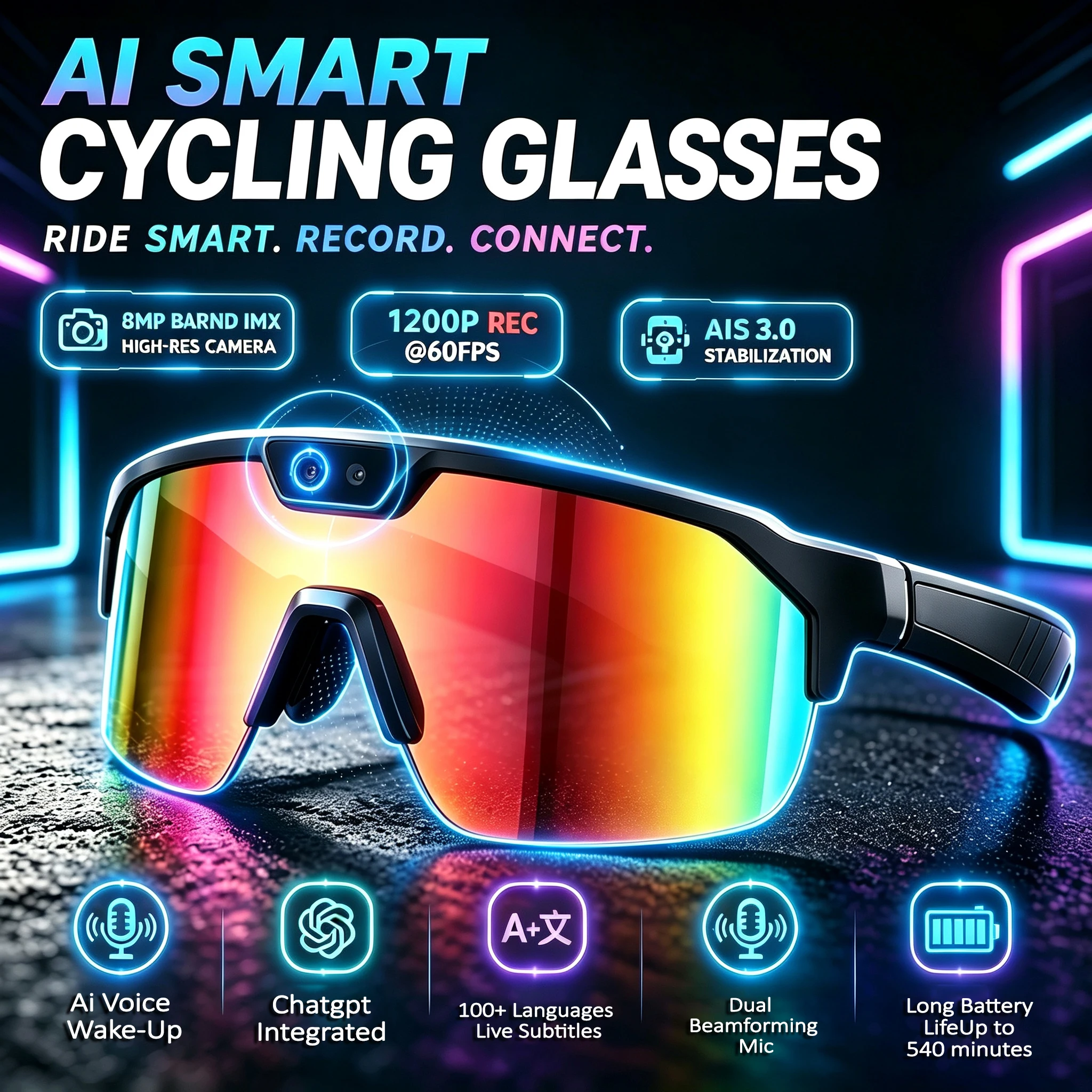 2026 New ChatGPT Smart Glasses 1080P Camera Record Translation Bluetooth AI Stable Outdoor Sports Goggles Men Women Smartglasses
