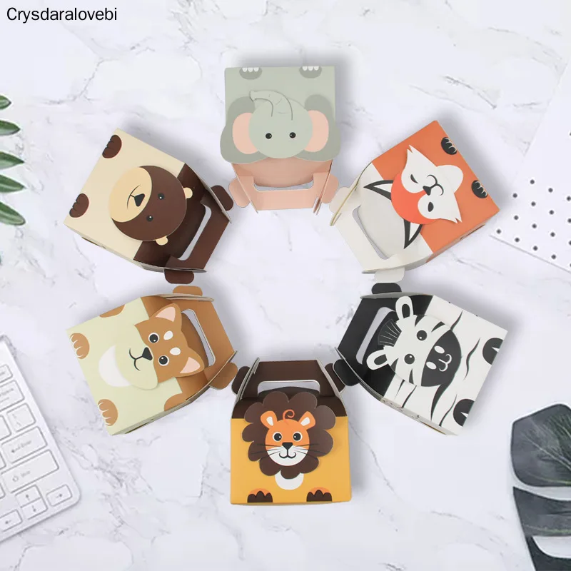 50pcs Cartoon Bear Fox Tiger Candy Bag Jungle Party Favors Gift Box Bag Treat Kids Birthday Cracker Food Box With Handle