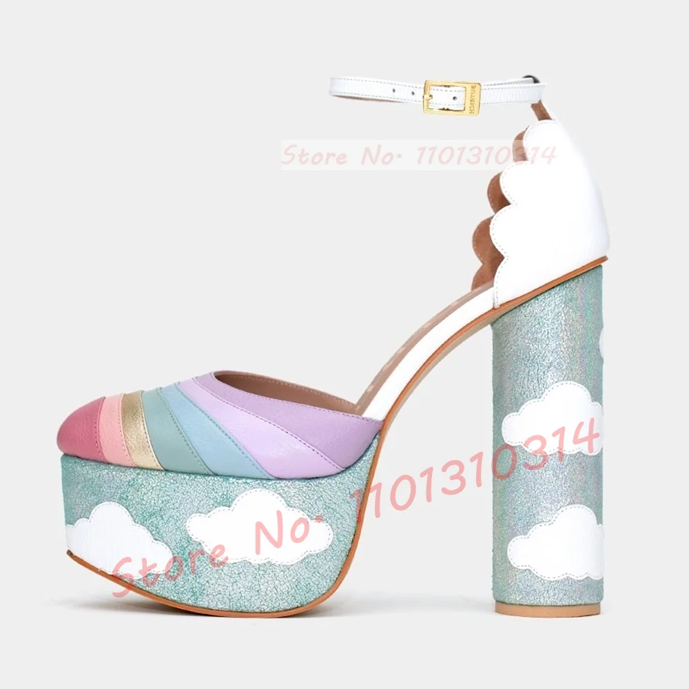 Multicolor Straps Platform Sandals Women Sweet Cloud Decals High Block Heels Shoes Girl\'s Party Open Toe Summer Rainbow Shoes