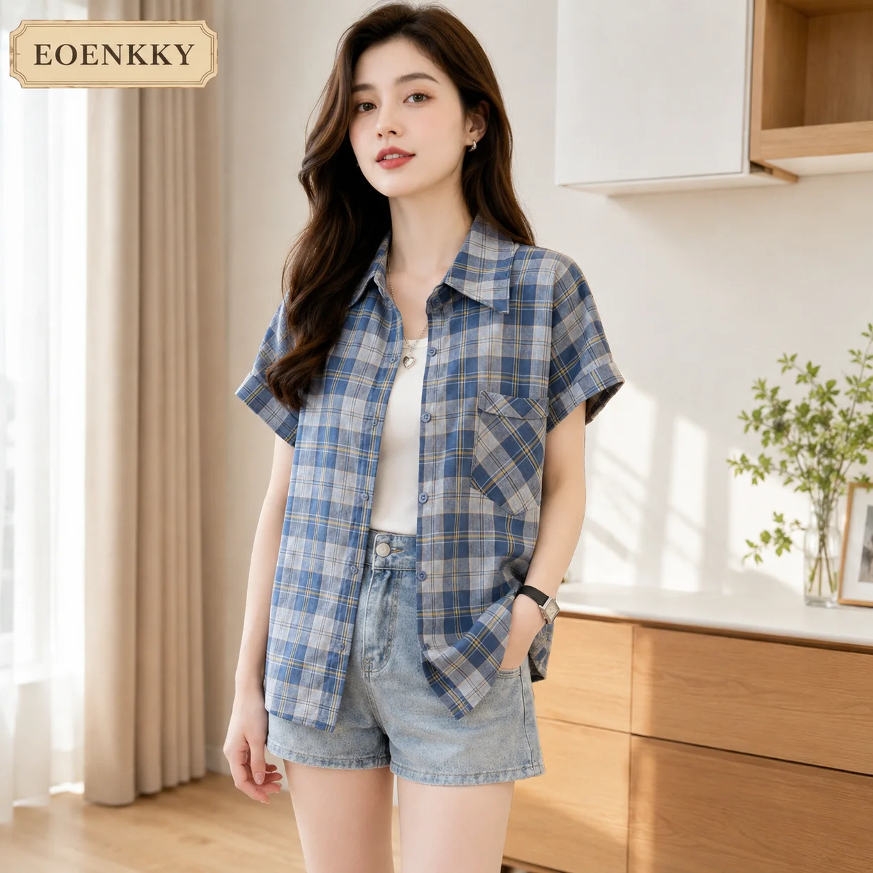 EOENKKY Women Blue Plaid Shirt Short Sleeve Button Down Blouse Oversized Loose Fit Casual Summer Top Chest Pocket S-2XL