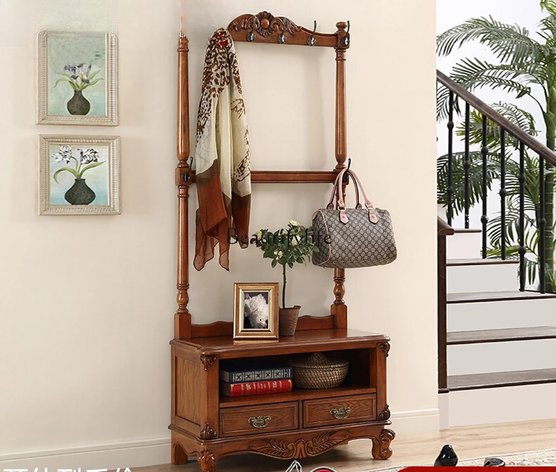 

Solid Wood Coat and Hat Rack European-Style Storage Shoe Cabinet Entry Shoe Changing Stool Hanger Clothes Integrated