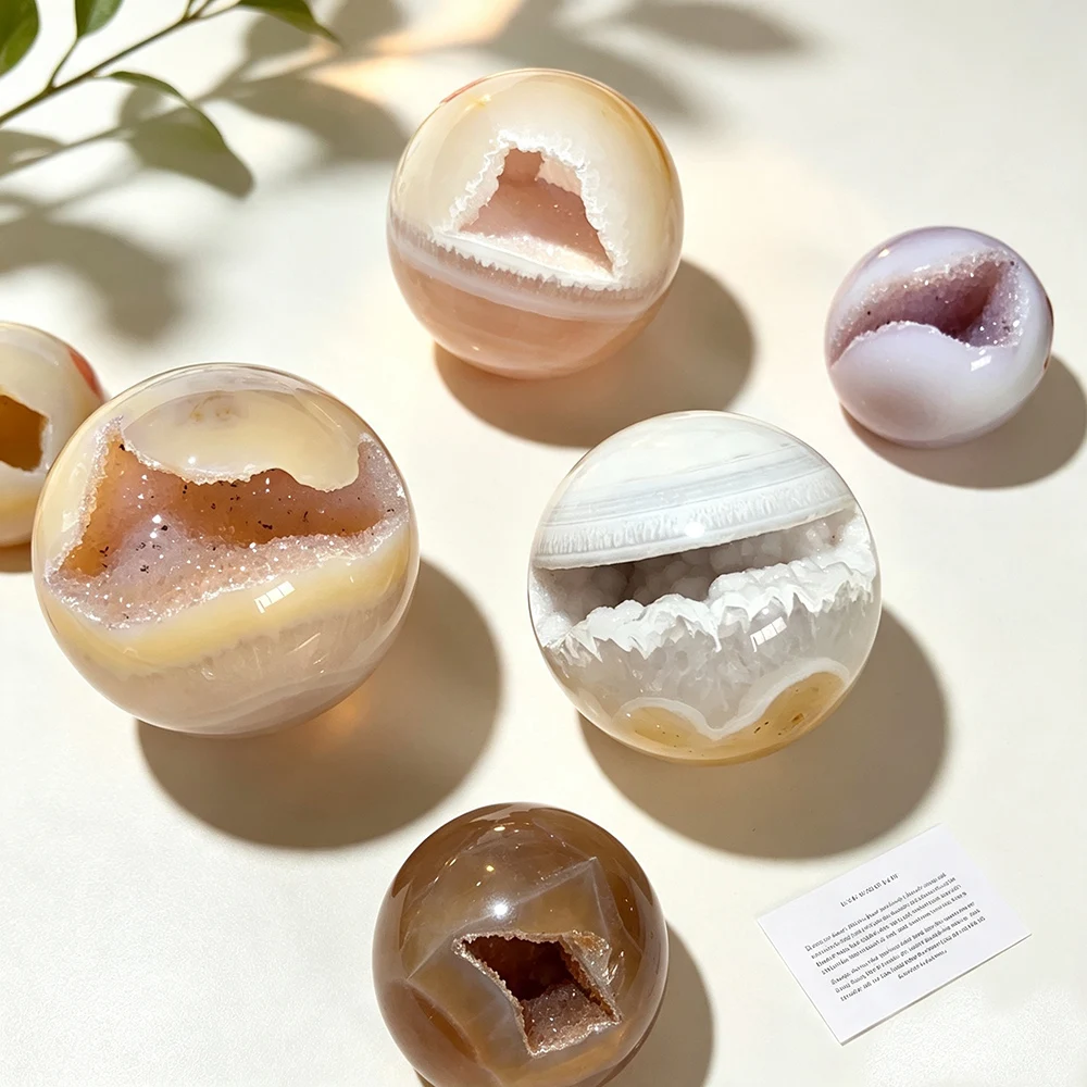 Natural Banded Agate Druzy Geode Sphere Polished Candy Crystal Ball Mineral Specimen Home Table Decor Craft Gift