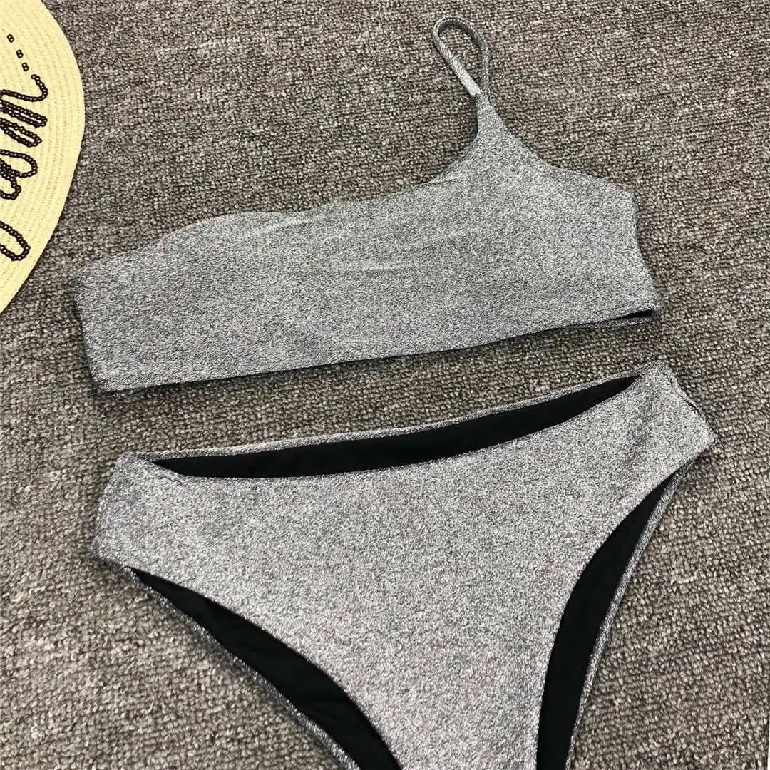 Glitzernder, funkelnder Bikini mit hoher Taille, Damen-Badeanzug, zweiteiliges Bikini-Set, One-Shoulder-Badeanzug V1264 – Detail 20