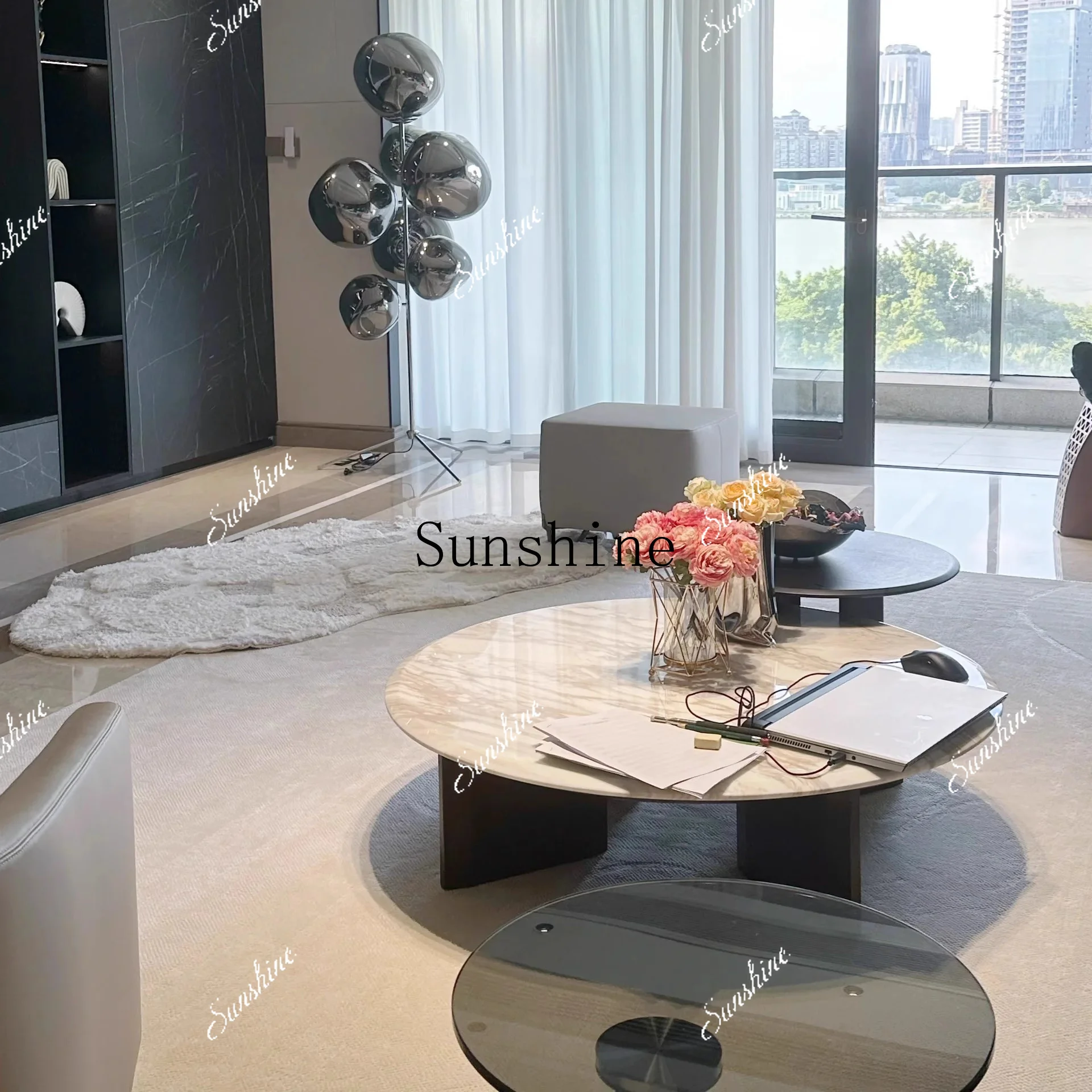 Minimalist marble coffee table design high-end villa high-end round tea table living room home wabi-sabi wind FT