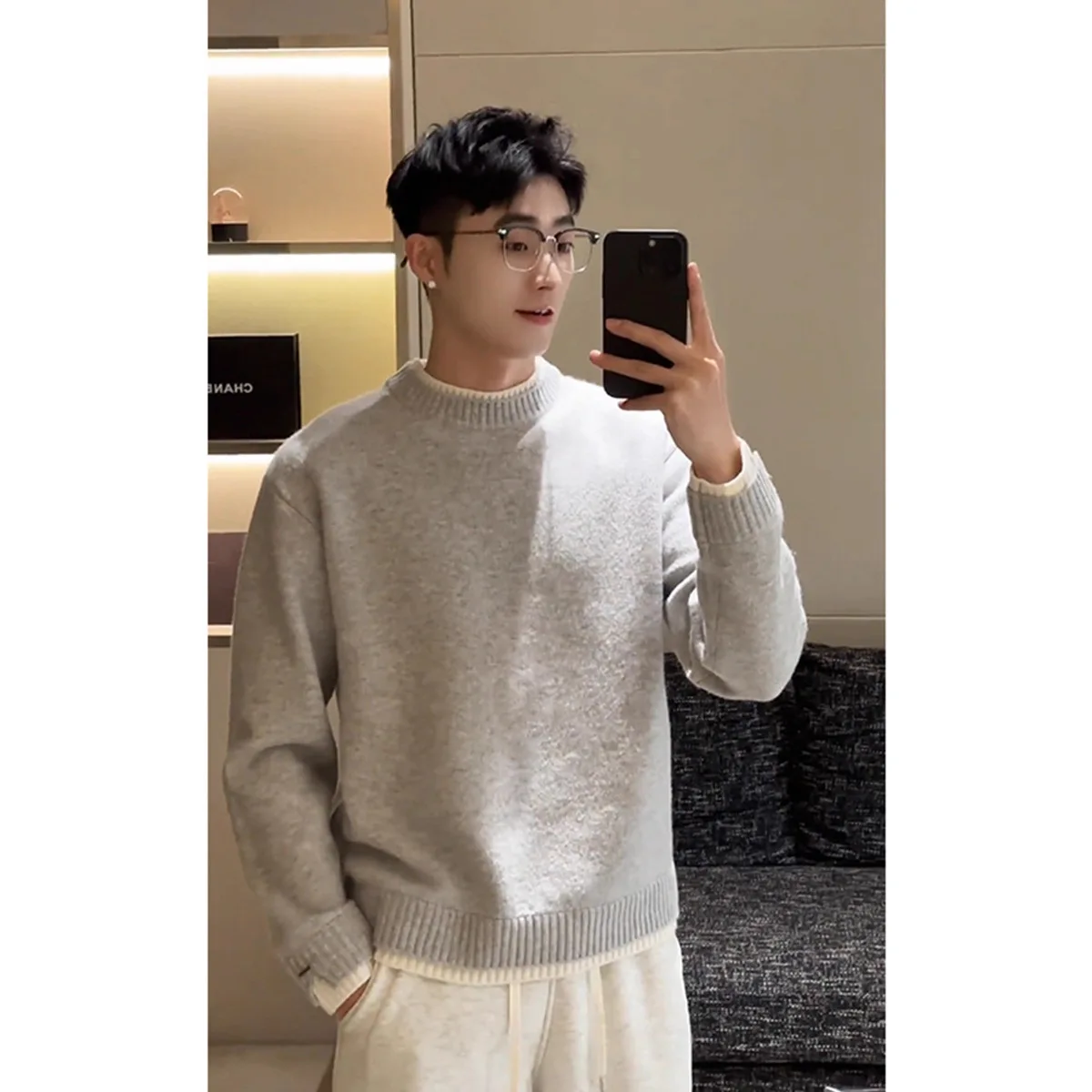 Autumn Winter Fake Two-Piece Henley Neck Sweater Men's Loose Solid Casual Knit Top