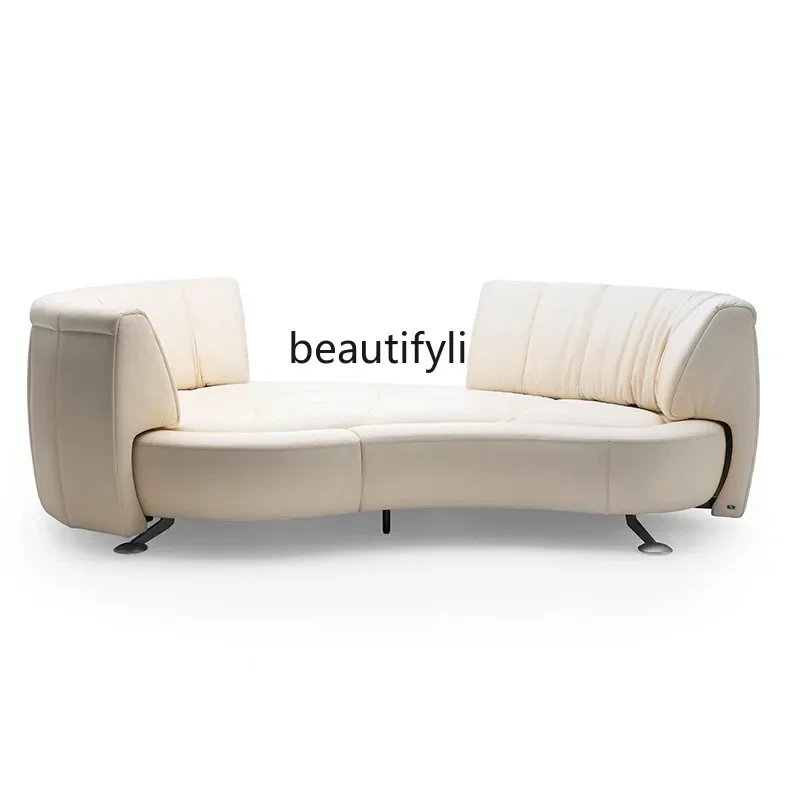 360-Degree Rotating Backrest Curved Push-Pull Movable Leather Three-Seat Sofa