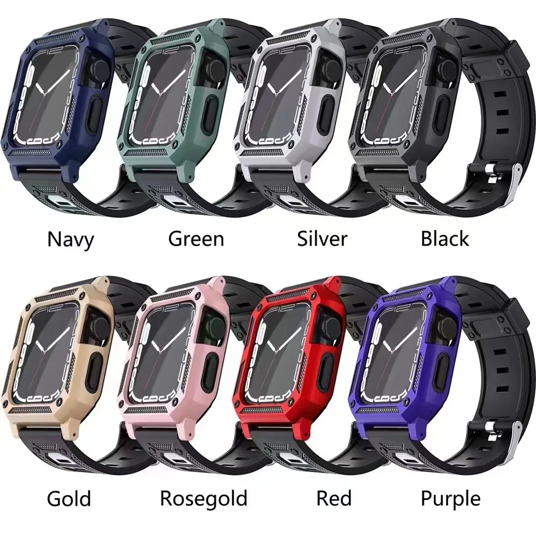 Two tone military integrated strap+case TPU watchband for Apple iwatch series10 46mm SE3 42mm Ultra3 49mm