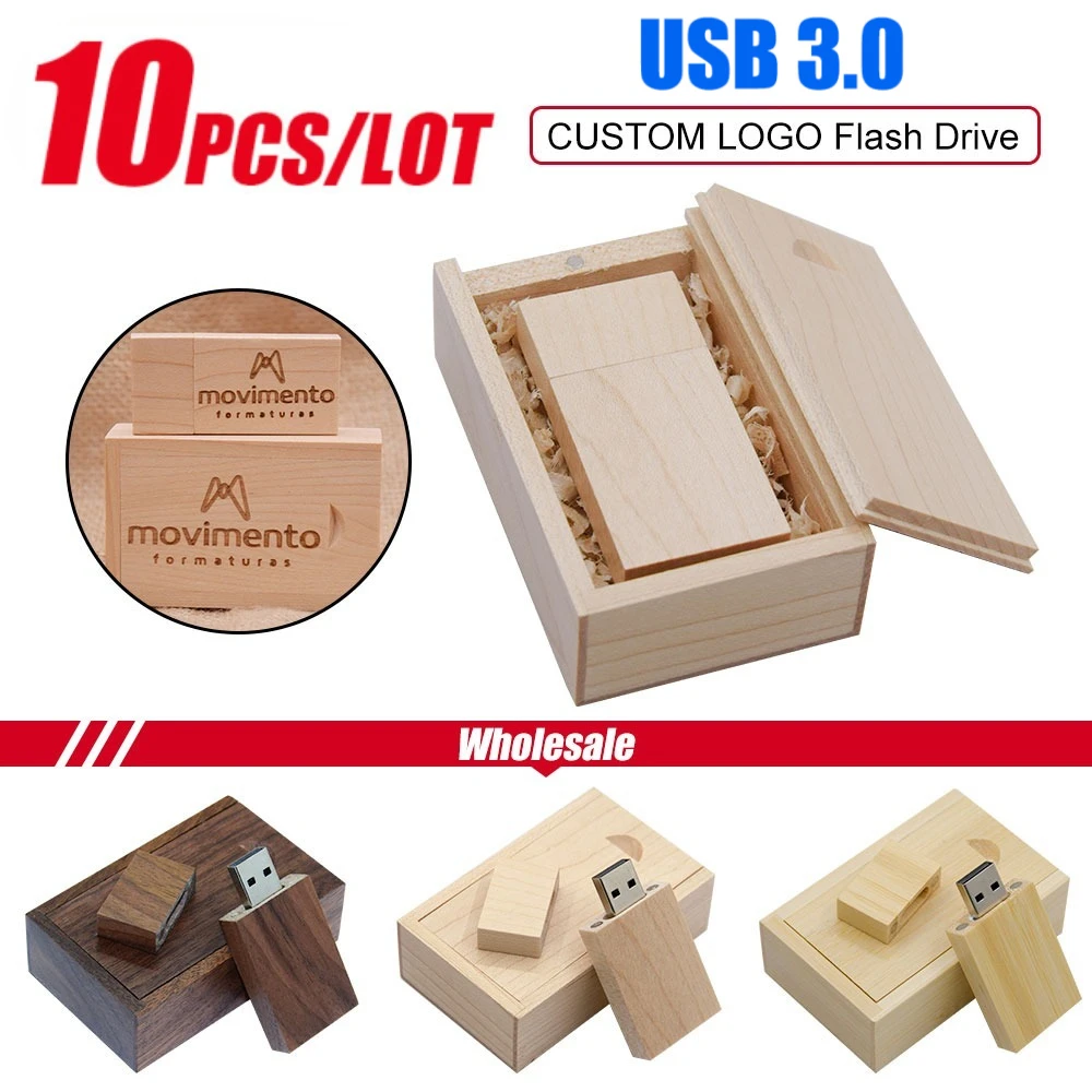 

10pcs/lot Flash Drive Usb 3.0 Wooden + Box Pen Drive 4GB 8GB 16GB 32GB 64GB U Disk Free Custom Logo for Photography Wedding Gift