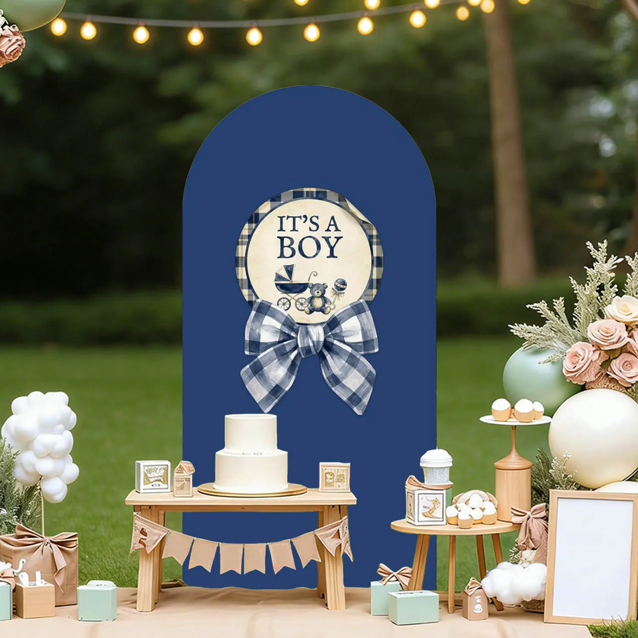 Mehofond Custom Name Cute Bear Blue Checked Theme Boys Birthday Party Baby Shower Cover Chiara Arch Background Decor Backdrop