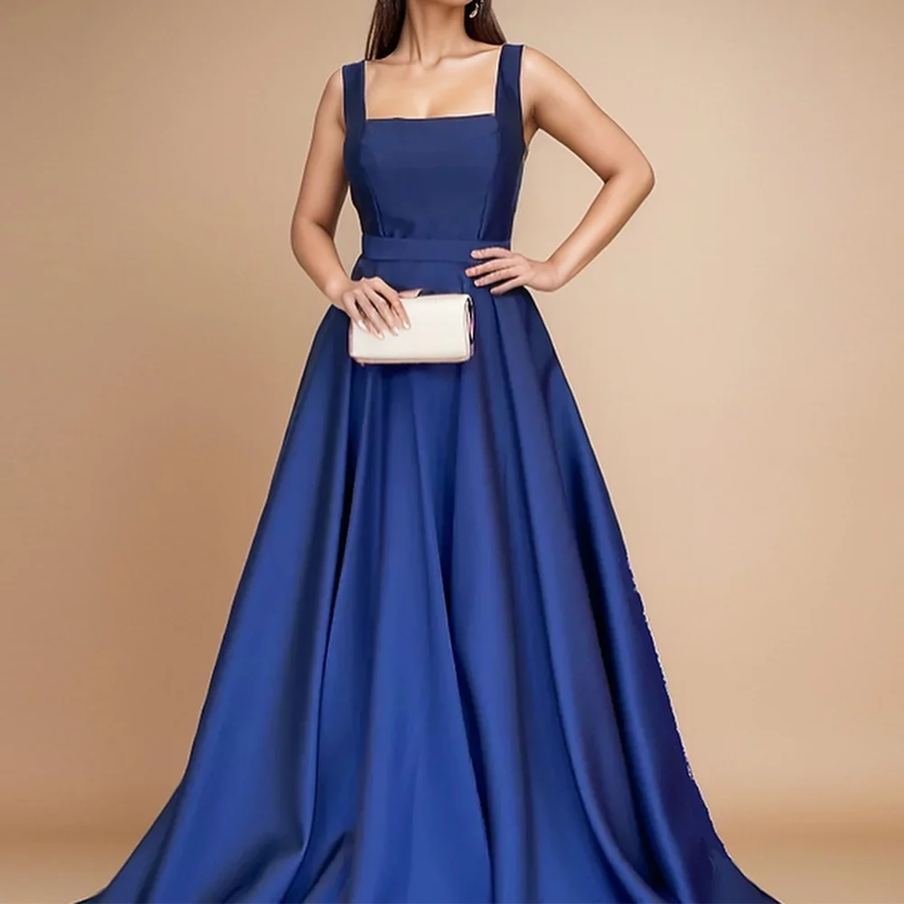 

Square Neck Sleeveless A-Line Jersey Floor Length Zipper Back Bow Backless Solid Color Sweep Train Evening Dresses Custom Size