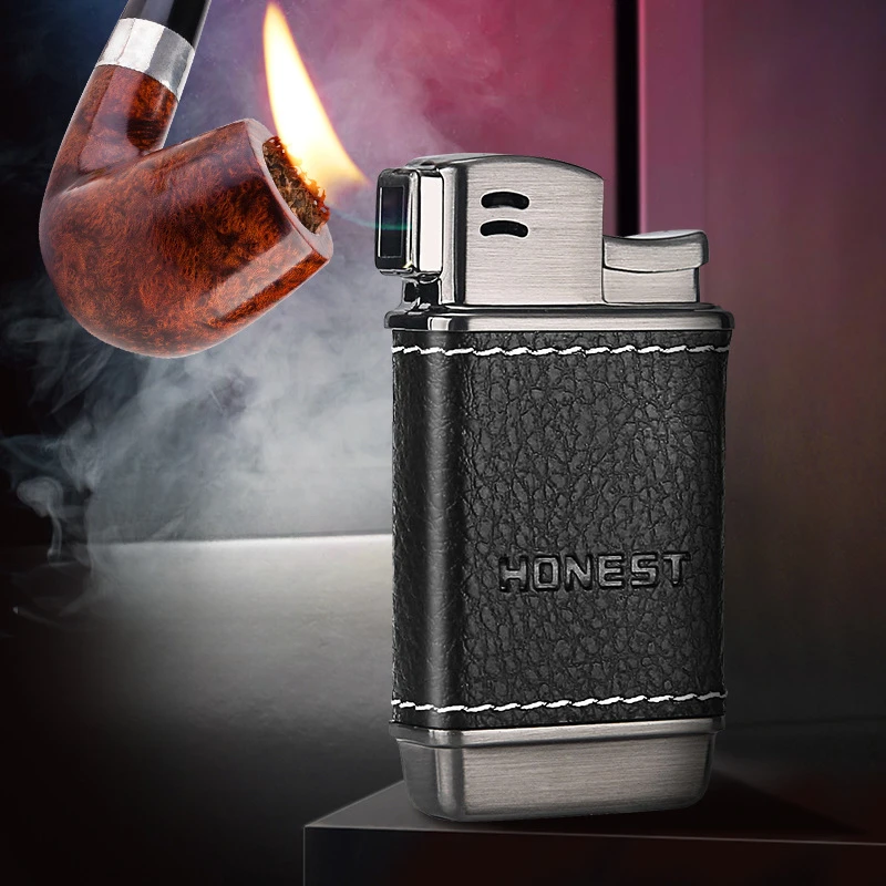 Honest Pipe Lighter Obtique Soft Flame Butane Gas Lighter with Leather Cover Mini Portable Cigarette Lighter Smoking Accessories