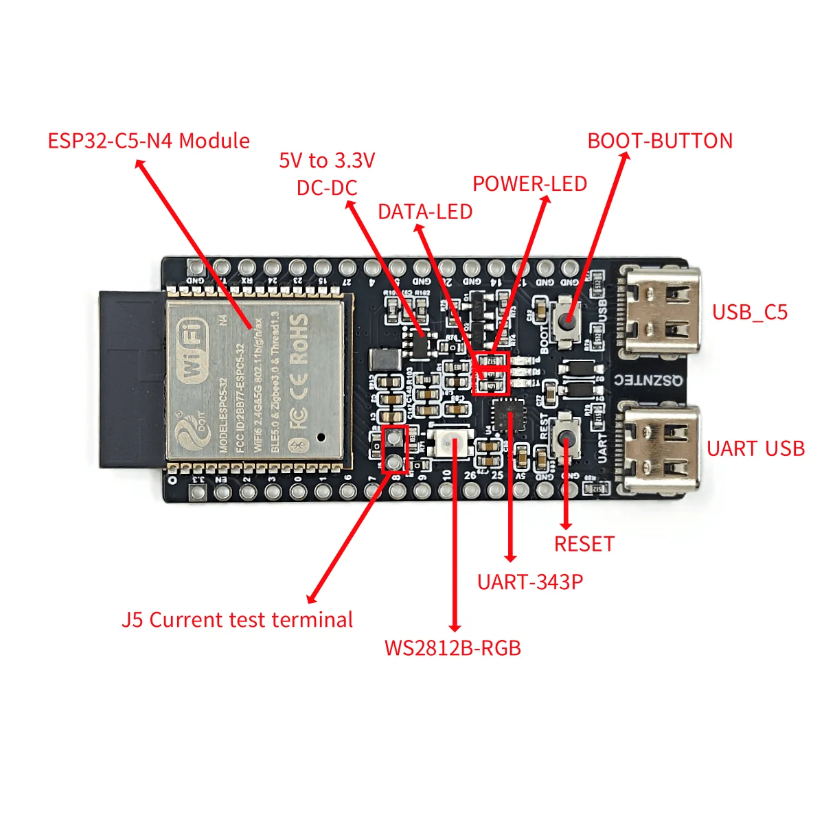 ESP32-C5-DevKitC-1 N4 مجلس التنمية 2.4 & 5 جيجا هرتز ثنائي النطاق واي فاي 6 رقاقة مراجعة v1.0