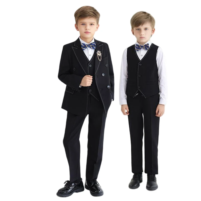 

Boys Black 5pcs Dress Suit Child Host Piano Catwalk Performance Birthday Costume Kids Blazer Vest Pants Bowtie Brooch Outfit