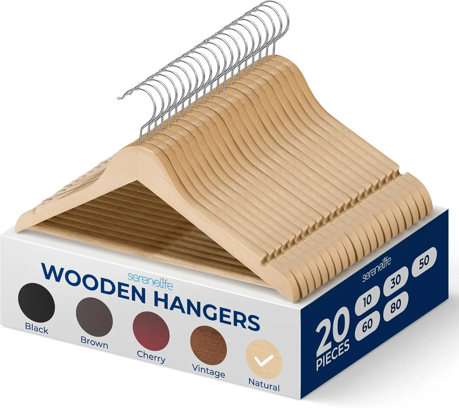 Paquete de 20 Perchas de Madera para Abrigos con Giro de 360 Grados ° Gancho Giratorio y Muescas - Diseño Delgado para Camisas, Chaquetas, Vestidos